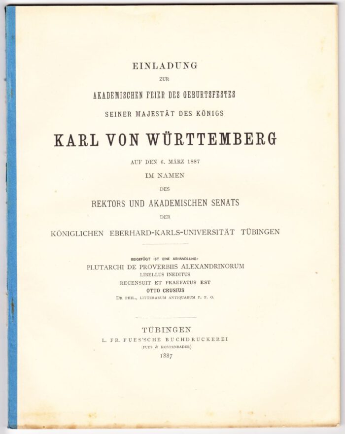 Crusius, Otto. Plutarchi (d.i. Plutarch) de Proverbiis Alexandrinorum. Libellus Ineditus. – Bild 1