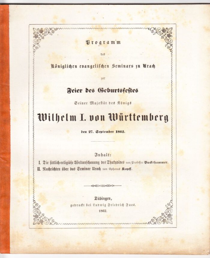 Bockshammer, (Gustav A.). Die sittlich-religiöse Weltanschauung des Thukydides. – Bild 1